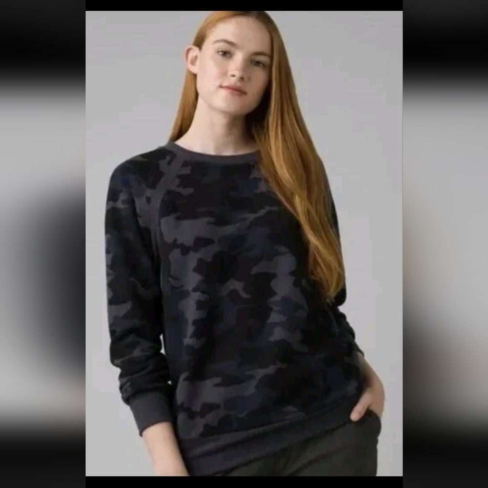 NWT PrAna Women’s Cozy Up Sweatshirt Crewneck Nautical Camo Blue Size 1X New
